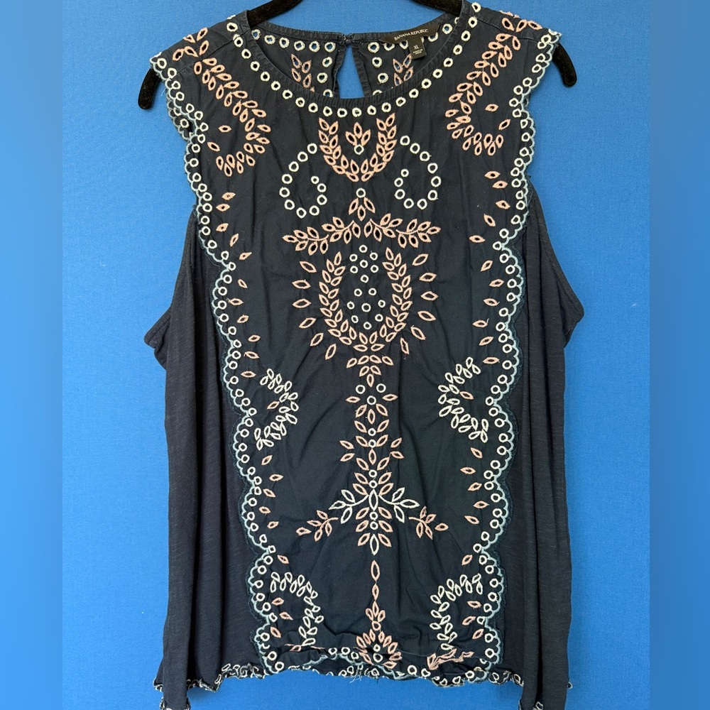Banana Republic Black Sleeveless Tank with pink and light blue Embroidery